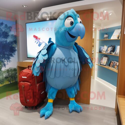 Personnage De Costume De Mascotte Redbrokoly De Perroquet Bleu Ciel Habillé D'un Manteau Et De Sacs À Dos