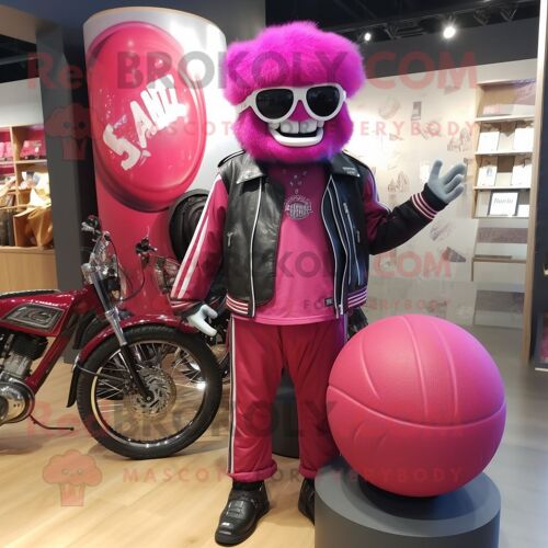 Personnage De Costume De Mascotte Redbrokoly De Ballon De Basket-Ball Magenta Habillé D'une Veste De Motard Et De Broches