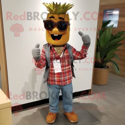 Personnage De Costume De Mascotte Redbrokoly D'ananas Rouille Habillé D'une Chemise En Flanelle Et De Montres Bracelet