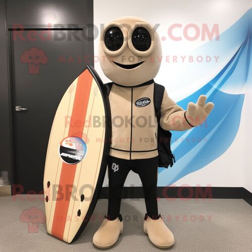 Personnage De Costume De Mascotte Redbrokoly De Planche De Surf Beige Habillé D'une Veste De Motard Et De Sacs Fourre-Tout
