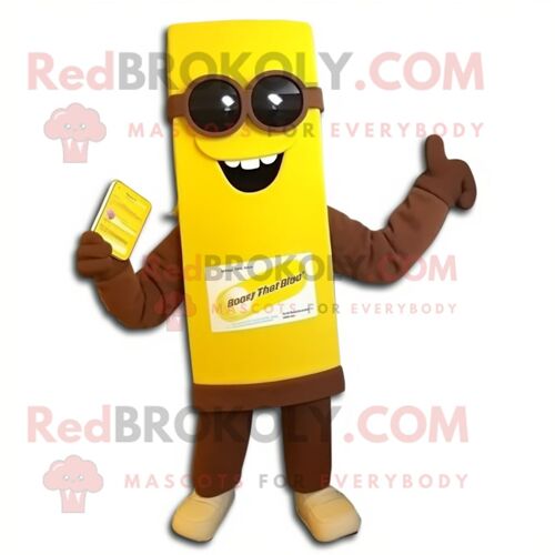 Personnage De Costume De Mascotte Redbrokoly De Barres De Chocolat Jaune Habillé D'un Pull Et De Lunettes De Soleil