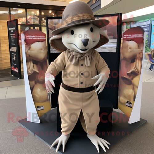 Mascotte Redbrokoly De Personnage De Tatou Beige Habillé D'un Pantalon Habillé Et D'un Bonnet