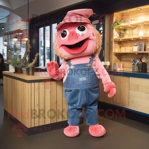 Personnage De Costume De Mascotte Redbrokoly Fish And Chips Rose Habillé D'un Short En Jean Et De Ceintures De Smoking