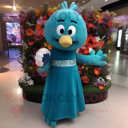 Personnage De Costume De Mascotte Redbrokoly De Bouquet De Fleurs Bleu Sarcelle Habillé D'une Robe De Soirée Et De Porte-Clés