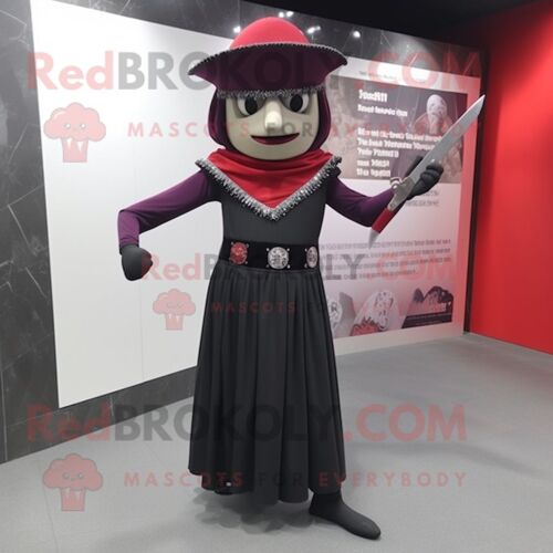 Personnage De Costume De Mascotte Redbrokoly De Lanceur De Couteaux Habillé D'une Robe Taille Empire Et De Bracelets