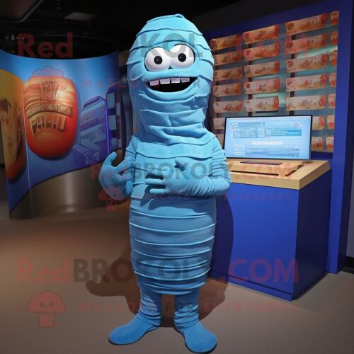 Mascotte Redbrokoly De Personnage De Momie Bleue Habillée D'un Cardigan Et De Cummerbunds