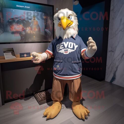 Personnage De Costume De Mascotte Redbrokoly D'aigle À Tête Blanche Habillé D'une Chemise Henley Et De Bonnets
