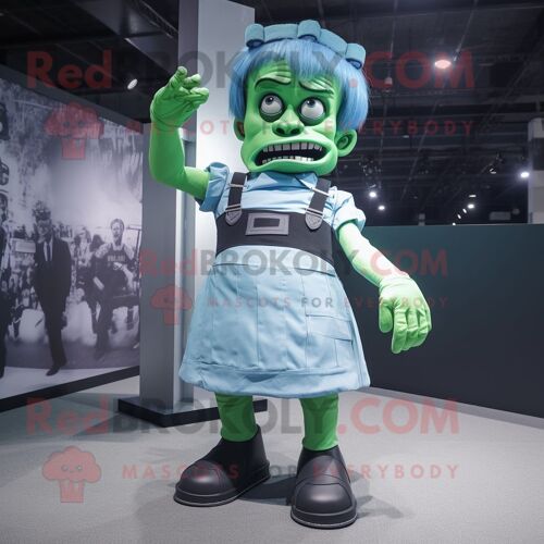 Personnage De Costume De Mascotte Redbrokoly Cyan Frankenstein S Monster Habillé D'une Mini Jupe Et De Bretelles