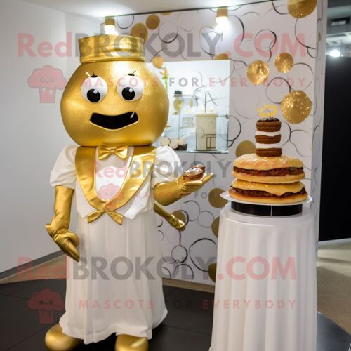 Personnage De Costume De Mascotte Redbrokoly Gold Burgers Habillé D'une Robe De Mariée Et De Boutons De Manchette