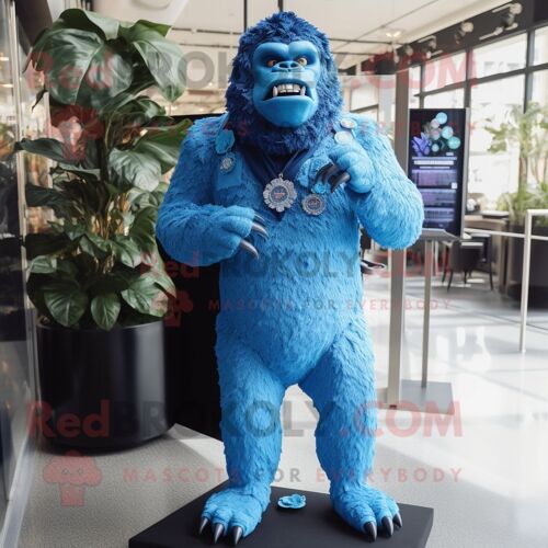 Personnage De Costume De Mascotte Redbrokoly De Gorille Bleu Habillé D'un Body Et D'épinglettes
