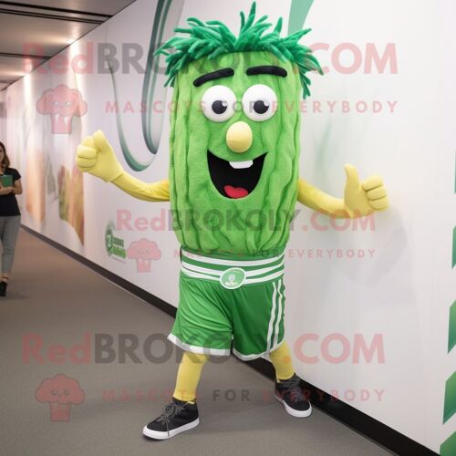 Personnage De Costume De Mascotte Redbrokoly De Pâtes Au Pesto Vert Habillé D'un Short Et De Bracelets