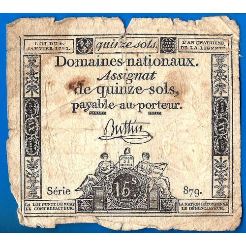 France Assignat 15 Sols 1792 An 1 De La République Signature Buttin