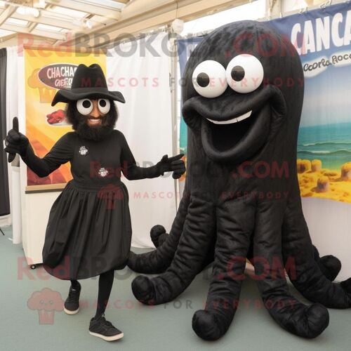 Personnage De Costume De Mascotte Redbrokoly De Calamars Frits Noirs Habillé D'un Pantacourt Et De Pinces À Chaussures