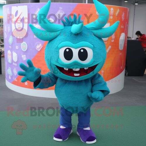 Personnage De Costume De Mascotte Redbrokoly Teal Devil Habillé D'un Pull Et De Pinces À Cheveux