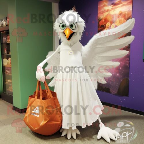 Personnage De Costume De Mascotte Redbrokoly De Harpie Blanche Habillé D'une Robe De Bal Et De Sacs Fourre-Tout
