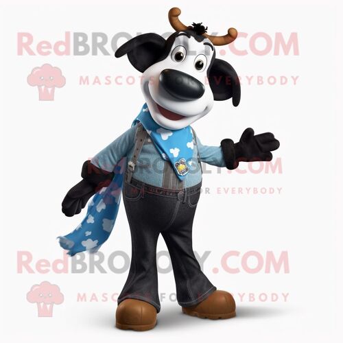 Personnage De Costume De Mascotte Redbrokoly De Vache Noire De Guernesey Habillé D'un Jean Boyfriend Et D'écharpes