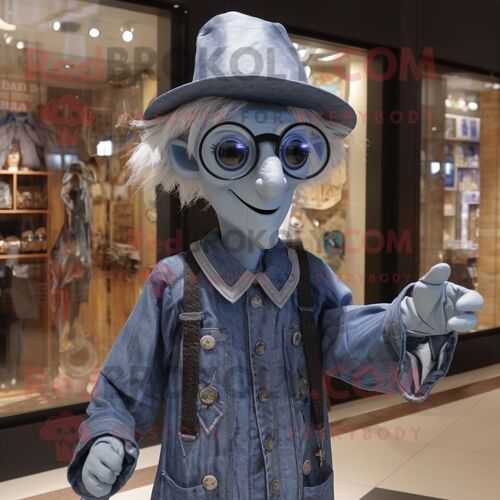 Personnage De Costume De Mascotte Redbrokoly De Magicien Argenté Habillé D'une Chemise En Jean Et De Lunettes