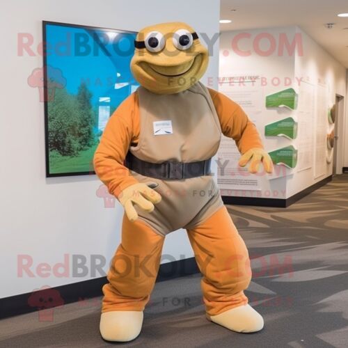 Mascotte Redbrokoly De Personnage De Tortue Bronzée Vêtue D'un Body Et De Gants