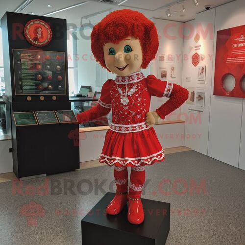 Personnage De Costume De Mascotte Redbrokoly De Danseuse Irlandaise Rouge Habillé D'une Barboteuse Et De Bracelets De Cheville
