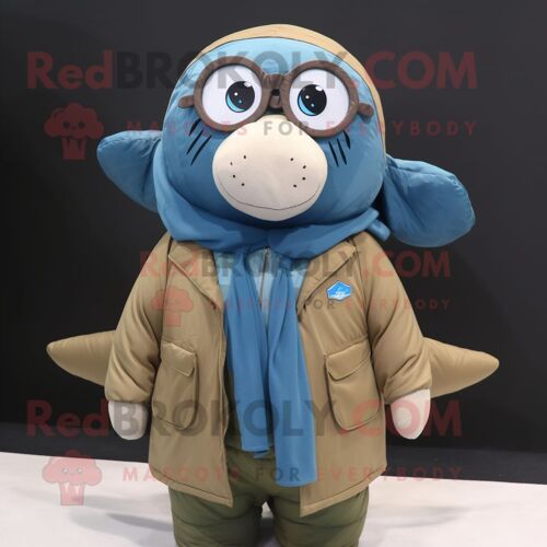 Personnage De Costume De Mascotte Redbrokoly De Baleine Bleue Brune Habillé D'une Parka Et De Lunettes
