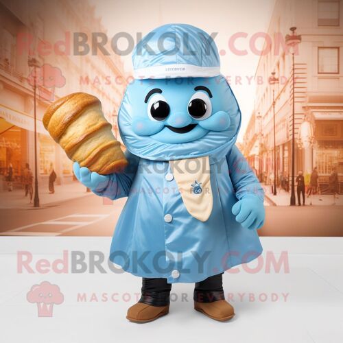 Personnage De Costume De Mascotte Redbrokoly Croissant Bleu Ciel Habillé Avec Un Imperméable Et Des Pochettes De Costume