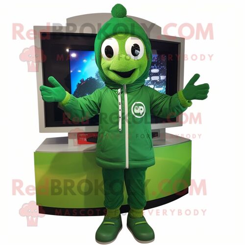 Personnage De Costume De Mascotte Redbrokoly De Télévision Vert Forêt Habillé D'un Coupe-Vent Et D'anneaux