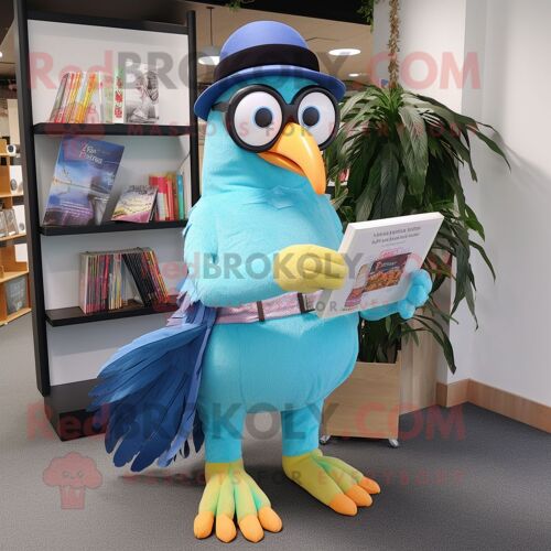 Personnage De Costume De Mascotte Redbrokoly Toucan Bleu Ciel Habillé D'un T-Shirt Et De Lunettes De Lecture