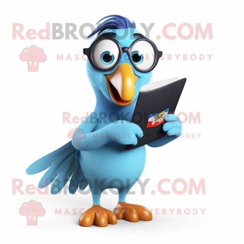 Personnage De Costume De Mascotte Redbrokoly Toucan Bleu Ciel Habillé D'un T-Shirt Et De Lunettes De Lecture