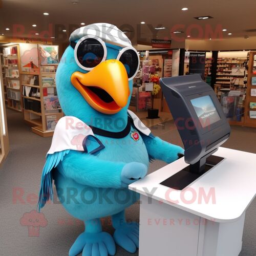 Personnage De Costume De Mascotte Redbrokoly Toucan Bleu Ciel Habillé D'un T-Shirt Et De Lunettes De Lecture