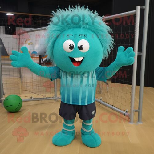 Personnage De Costume De Mascotte Redbrokoly De Filet De Volley-Ball Turquoise Habillé D'un Pantalon En Velours Côtelé Et De Montres Intell