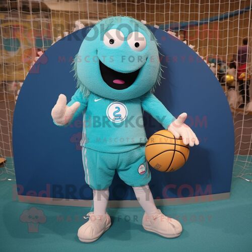 Personnage De Costume De Mascotte Redbrokoly De Filet De Volley-Ball Turquoise Habillé D'un Pantalon En Velours Côtelé Et De Montres Intell