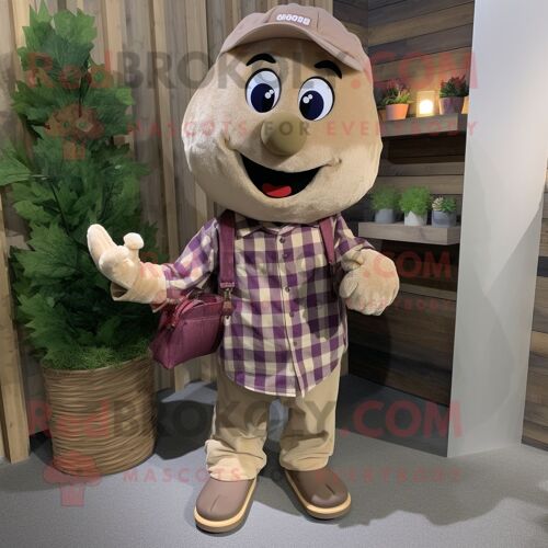 Personnage De Costume De Mascotte Redbrokoly Tan Grape Habillé D'une Chemise En Flanelle Et De Porte-Monnaie