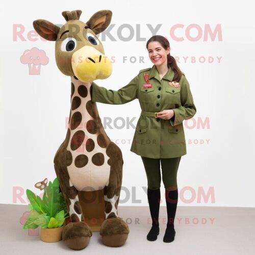 Costume De Mascotte Redbrokoly De Girafe Olive Habillée D'une Robe Fourreau Et De Gants