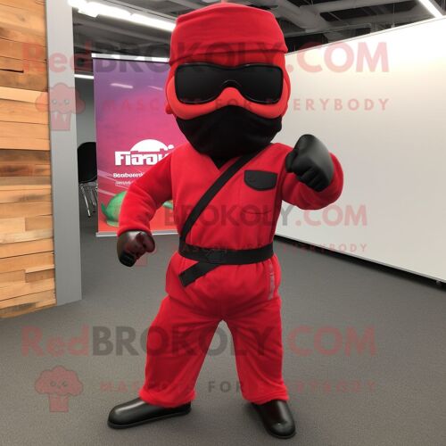 Personnage De Costume De Mascotte Redbrokoly Ninja Rouge Habillé D'un Pantalon Cargo Et De Lunettes De Soleil