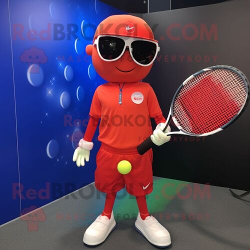 Personnage De Costume De Mascotte Redbrokoly De Raquette De Tennis Rouge Habillé Avec Un Pantalon Habillé Et Des Lunettes De Soleil