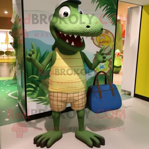 Personnage De Costume De Mascotte Redbrokoly De Crocodile Olive Habillé Avec Un Short De Bain Et Des Sacs À Main