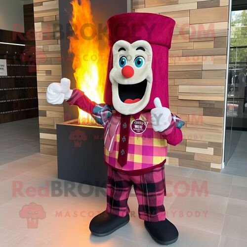Personnage De Costume De Mascotte Redbrokoly De Cracheur De Feu Magenta Habillé D'une Chemise En Flanelle Et De Pochettes