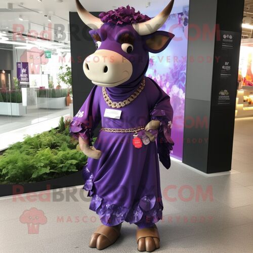 Personnage De Costume De Mascotte Redbrokoly De Taureau Violet Habillé D'une Robe Portefeuille Et De Bracelets