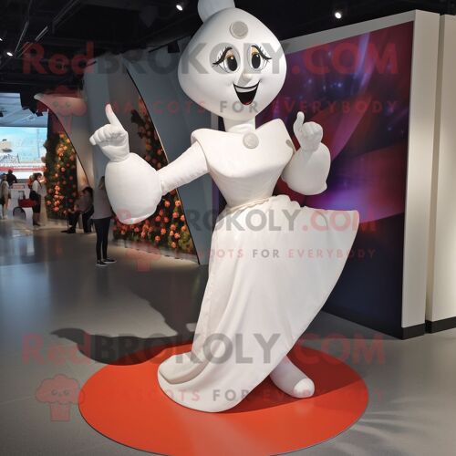 Personnage De Costume De Mascotte Redbrokoly D'acrobate Blanc Habillé D'une Robe Trapèze Et De Boucles D'oreilles