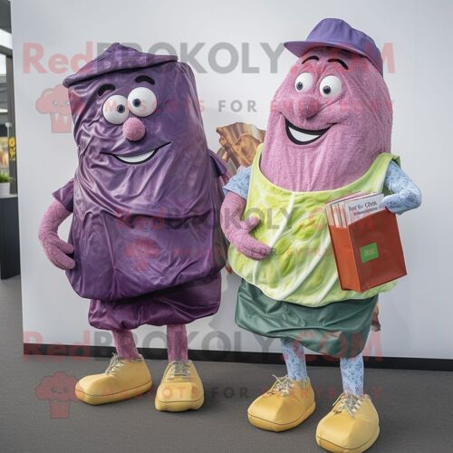 Personnage De Costume De Mascotte Redbrokoly De B?uf Salé Et De Chou Violet Vêtu D'un Short En Jean Et De Portefeuilles