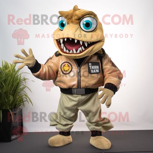 Mascotte Redbrokoly De Personnage De Piranha Beige Habillé D'une Veste De Moto Et De Bretelles