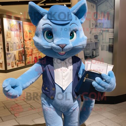 Personnage De Costume De Mascotte Redbrokoly De Chat Bleu Habillé D'une Chemise De Ville Et De Portefeuilles