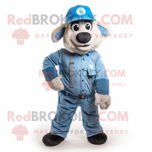 Personnage De Costume De Mascotte Redbrokoly De Mouton Suffolk Bleu Ciel Habillé D'un Jean Et De Bonnets