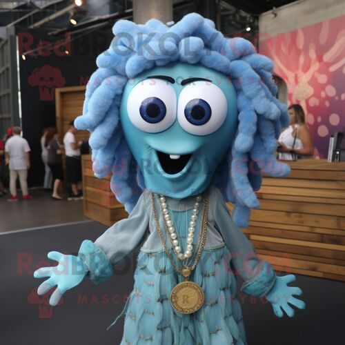 Personnage De Costume De Mascotte Redbrokoly Medusa Bleu Ciel Habillé D'une Chemise En Flanelle Et De Colliers