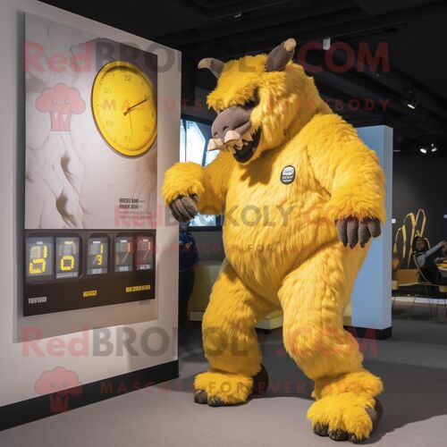 Personnage De Costume De Mascotte Redbrokoly De Rhinocéros Laineux Jaune Habillé D'une Combinaison Et De Montres Numériques