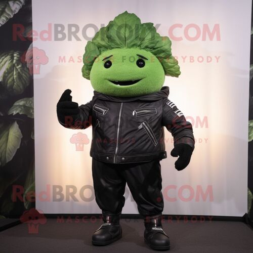 Mascotte Redbrokoly De Personnage De Chou Noir Habillé D'un Blouson De Motard Et De Repose-Pieds