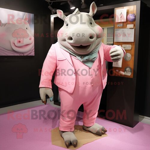 Mascotte Redbrokoly De Personnage De Rhinocéros Rose Habillé D'un Chino Et D'une Pochette