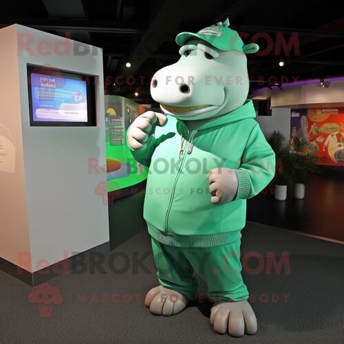 Mascotte Redbrokoly De Personnage D'hippopotame Vert Habillé D'un Sweat-Shirt Et De Casquettes