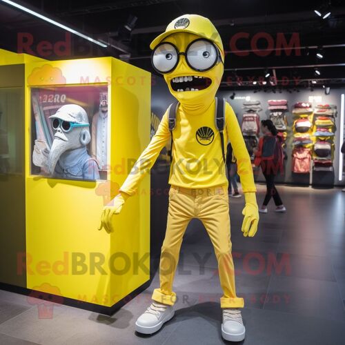 Personnage De Costume De Mascotte Redbrokoly De Mort-Vivant Jaune Citron Habillé D'un Pantalon Et De Sacs À Dos