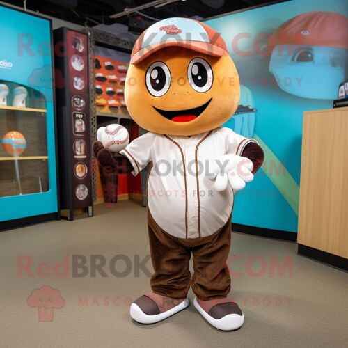 Personnage De Costume De Mascotte Redbrokoly Aglet Marron Habillé D'un Tee-Shirt De Baseball Et De Portefeuilles